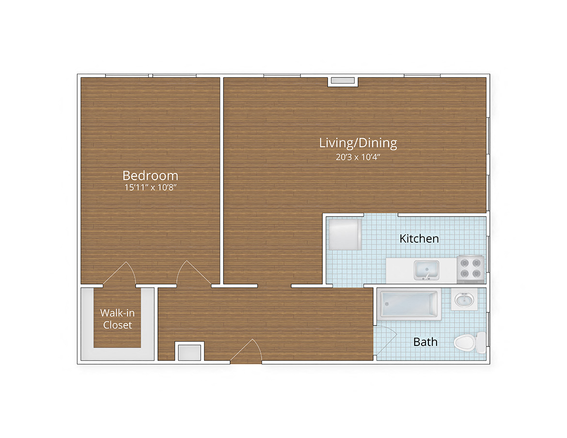 Floor plan for 1 bed, 1 bath, 706 sqft